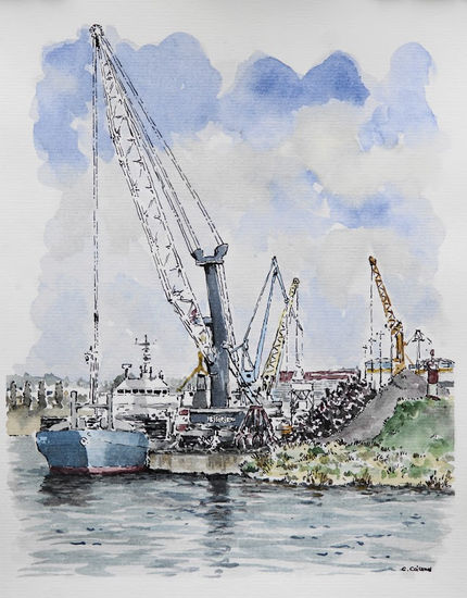 Descarga de chatarra en el muelle del Quinto Centenario Watercolour Paper Landscaping