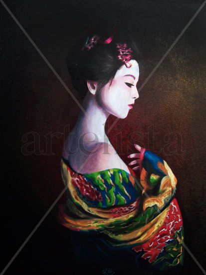 Geisha inmaculada Media Mixta Lienzo Retrato