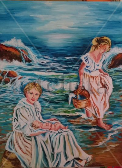 NIÑAS EN LA ORILLA DEL MAR Acrylic Canvas Figure Painting