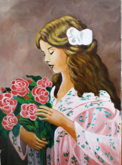 Niña con ramo de rosas Oil Canvas Figure Painting