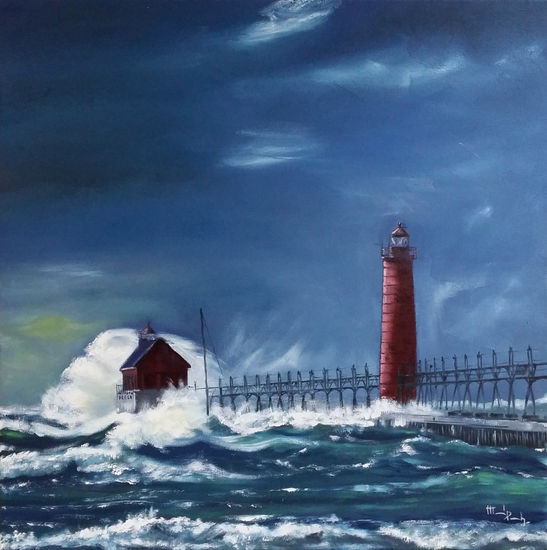 Tempestad sobre el faro Oil Canvas Marine Painting