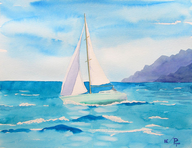 velero en azules Acuarela Papel Marina