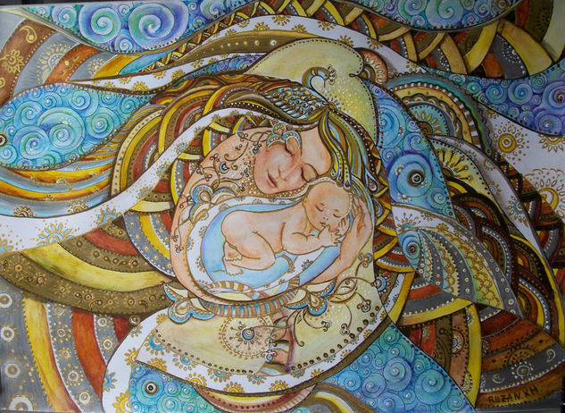 my little fish, woman with child Mixed media Paper Still Life Paintings