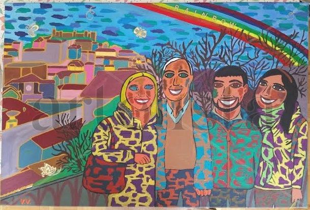 La familia con un rainbow Mixed media Canvas Portrait