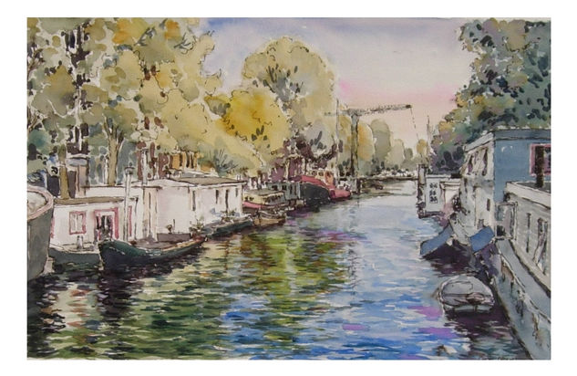 Canal con gabarras Acuarela Papel Paisaje