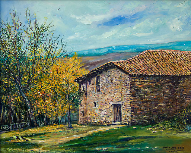 Casa rural de Cabida. Óleo Tabla Paisaje