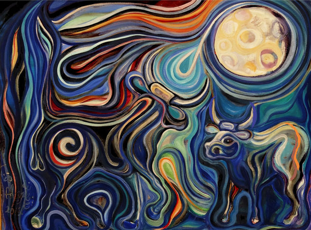 El toro enamorado de la luna y la ternera Oil Canvas Animals