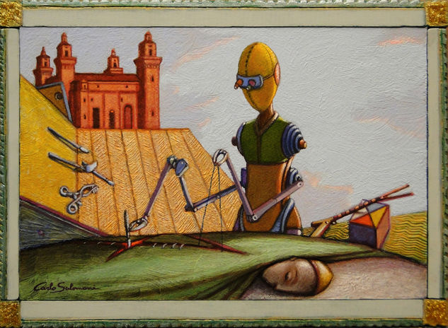 El cirujano metafísico - (enmarcado) Mixed media Panel Figure Painting