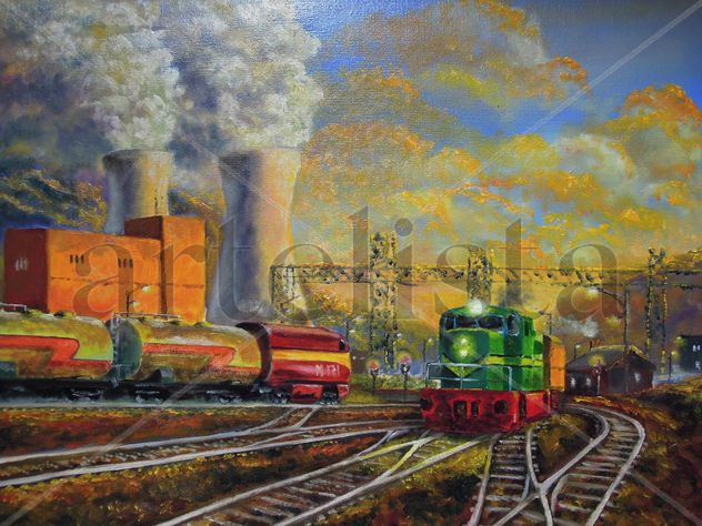 paisaje industrial con trenes