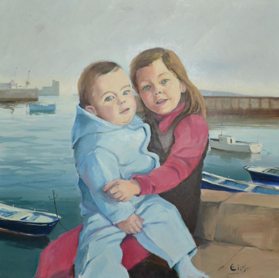 Dos hermanos en el puerto. Oil Canvas Portrait