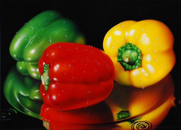 Bodegón con pimientos verde, rojo y amarillo