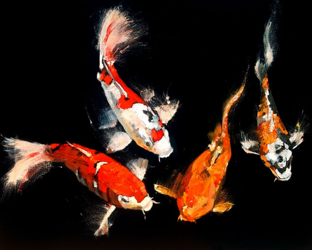 Peces Koi Media Mixta Lienzo Animales