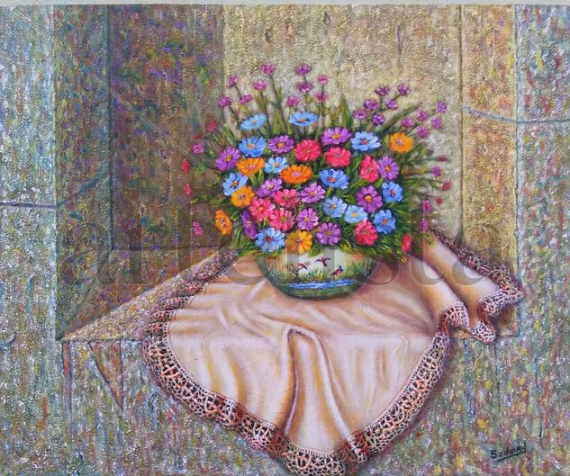 Jarrón con  flores en el rincón Oil Canvas Floral Painting