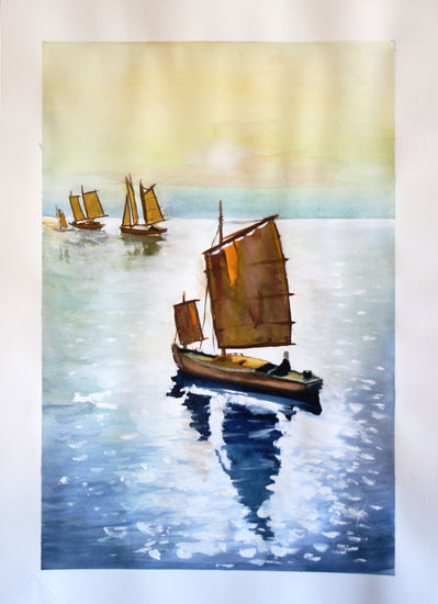 barcas en el nilo Watercolour Paper Marine Painting