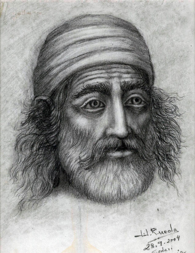 Dibujo a lapíz y carboncillo de hombre con turbante.