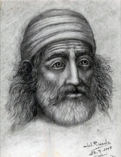 Dibujo a lapíz y carboncillo de hombre con turbante. Carboncillo