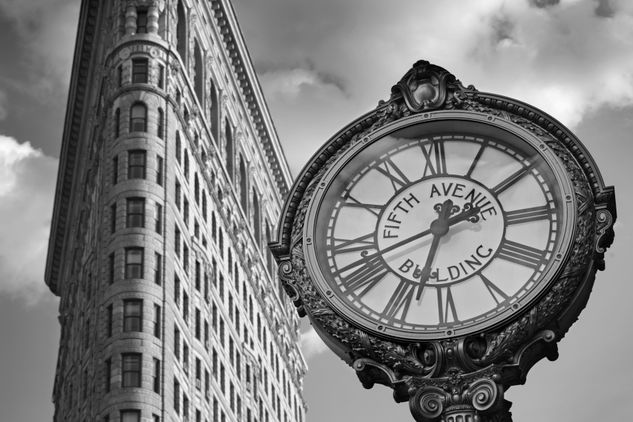 Clock on Fifth Avenue opposite the flatiron Architecture and Interiorism Black and White (Digital)