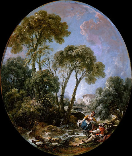 Francois Boucher - A Landscape with Fisherman and a Young Woman - Reproduction Óleo Lienzo Otros