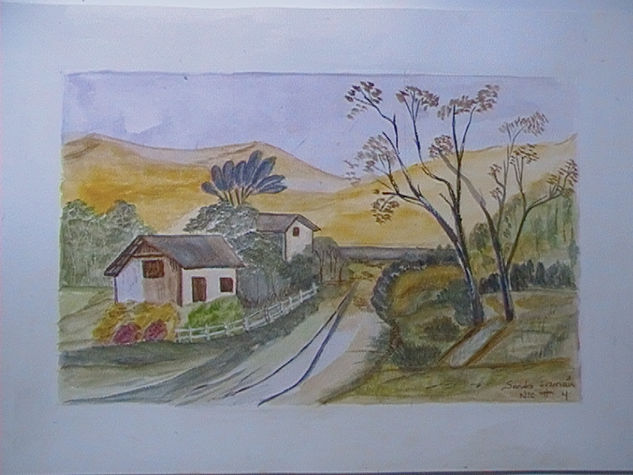 Paisaje y casitas Acuarela Papel Paisaje