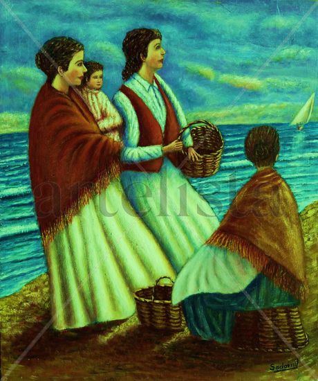 Mujeres esperando a los pescadores Oil Others Marine Painting