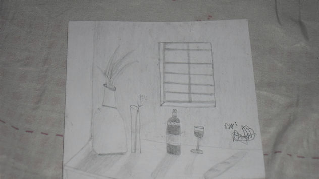 Pequeño bodegon con vino y pan