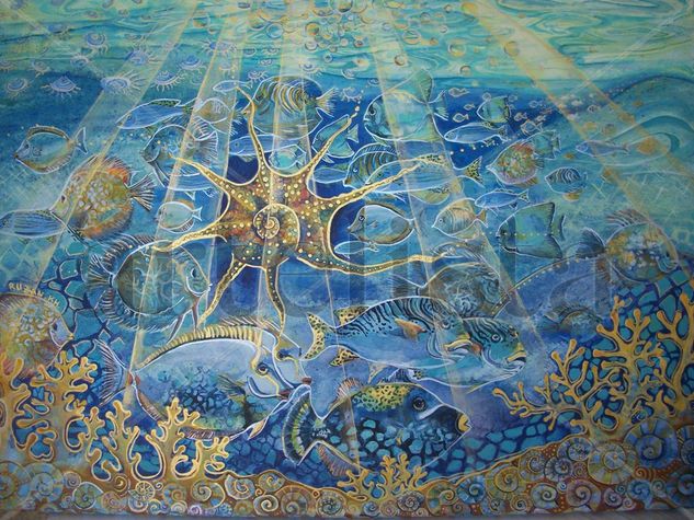 Undersea life, shell and fishes in the sea Acrylic Canvas Marine Painting