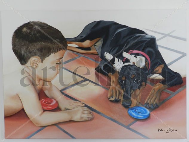 Niño con cachorra Oil Canvas Portrait