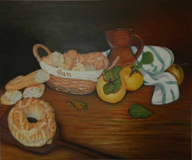 cesto de pan y membrillos Oil Panel Still Life Paintings