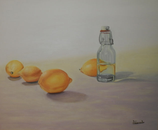 botella y limones Oil Panel Still Life Paintings