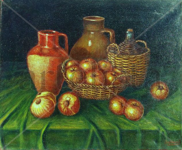 Garrafon, tinajas y fruta Oil Canvas Still Life Paintings