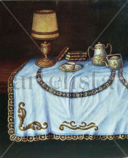 Lampara,libros y café Oil Textile Still Life Paintings