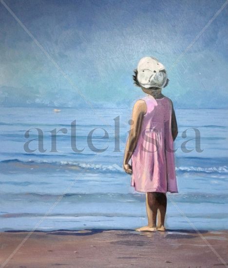 NIÑA MIRANDO AL MAR Oil Panel Figure Painting