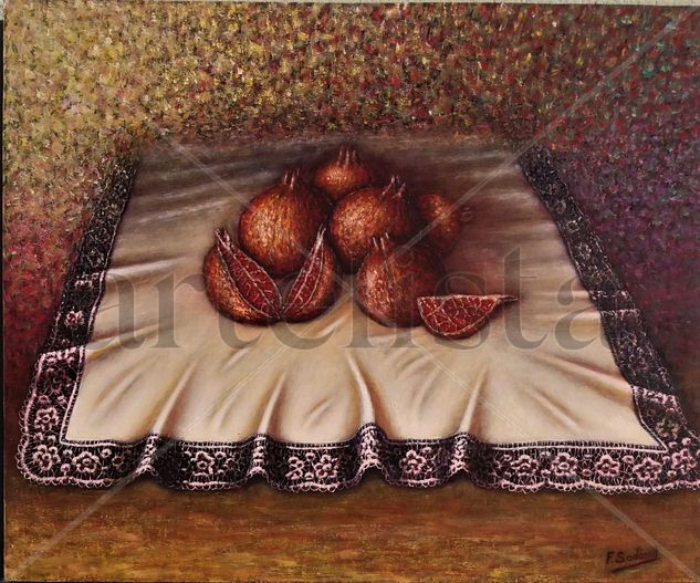 Granadas sobre mantelito Oil Textile Still Life Paintings