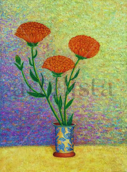 Jarrón con flores naranjas Oil Textile Floral Painting