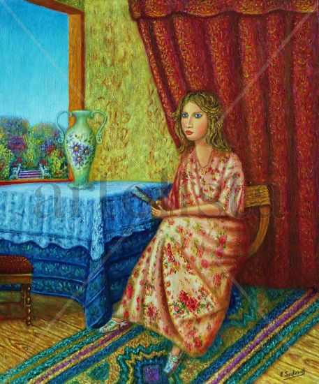 Dama con vistas a la ventana Oil Textile Portrait