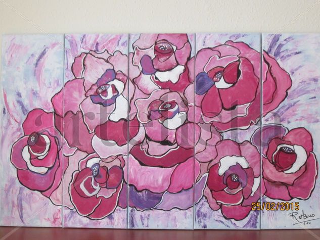 Composición de flores rosas. Acrylic Canvas Floral Painting