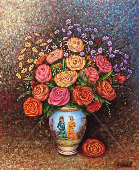 Jarrón de flores Oil Textile Floral Painting