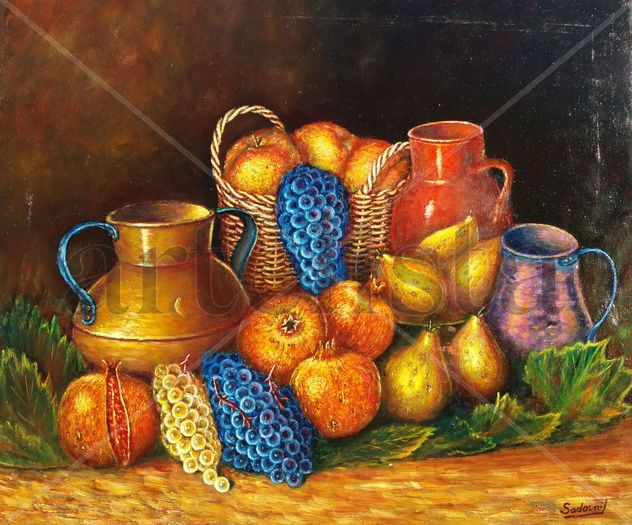 Puchero junto a granadas y manzanas