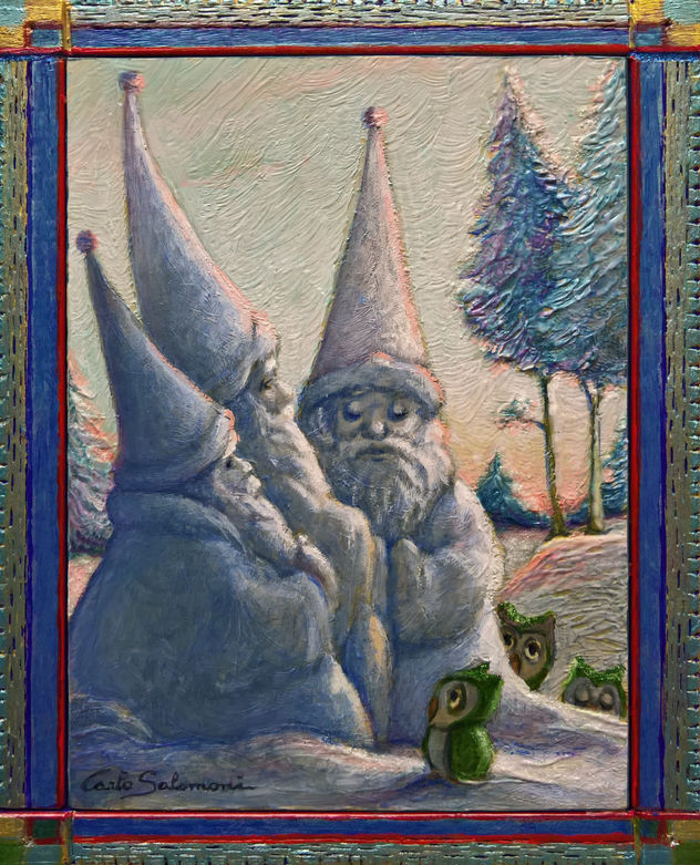 Papás Noel de nieve y los tres búhos - ( enmarcado)