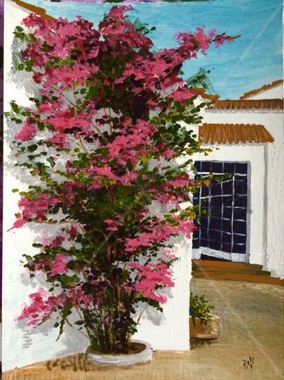 patio con buganvilla Acrylic Textile Floral Painting