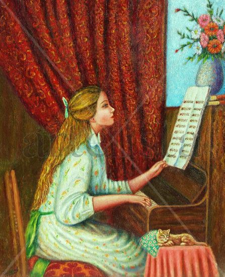 Dama tocando el piano Oil Textile Portrait