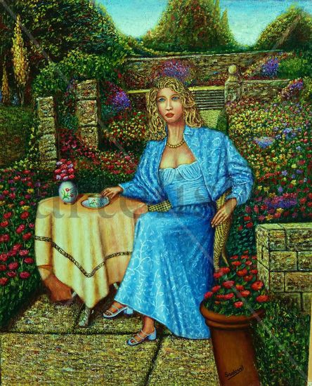 Dama en el jardín Oil Textile Figure Painting