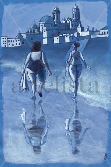 Sirenas caminando Media Mixta Papel Paisaje