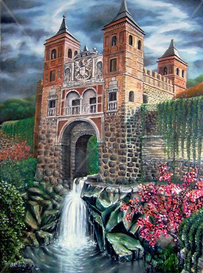 Puerta del Cambrón con Cascada Óleo Papel Paisaje