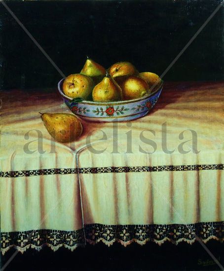 Cazuela de peras sobre mesa Oil Canvas Still Life Paintings