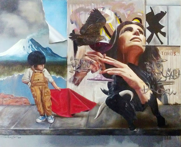 El Niño, La Vida, y el Toro Oil Canvas Figure Painting