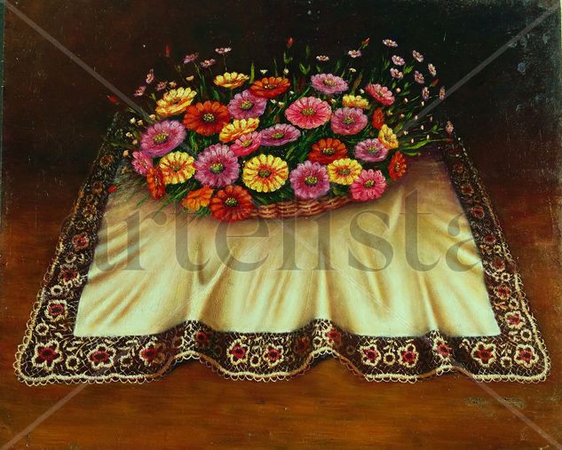 Mantelito con cesta de flores Oil Textile Floral Painting