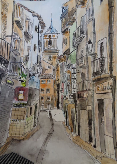 Huesca Calle ramiro el monje Acuarela Papel Paisaje