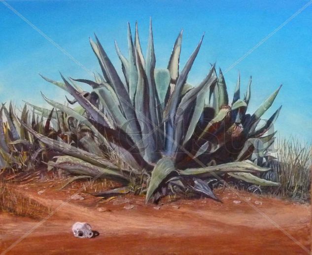 Agave y cráneo de conejo Óleo Tabla Paisaje