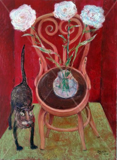 Cat And Flowers Oil Canvas Still Life Paintings